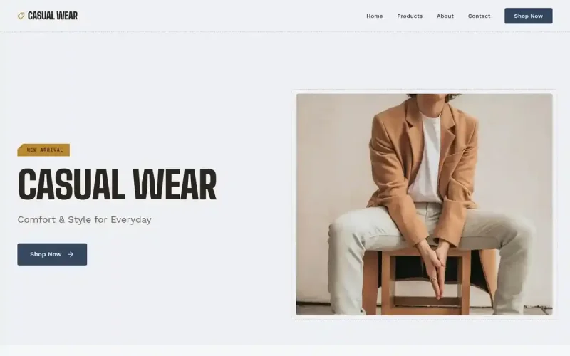 Template website fashion kasual dengan tata letak terang dan foto koleksi dari Webnify.